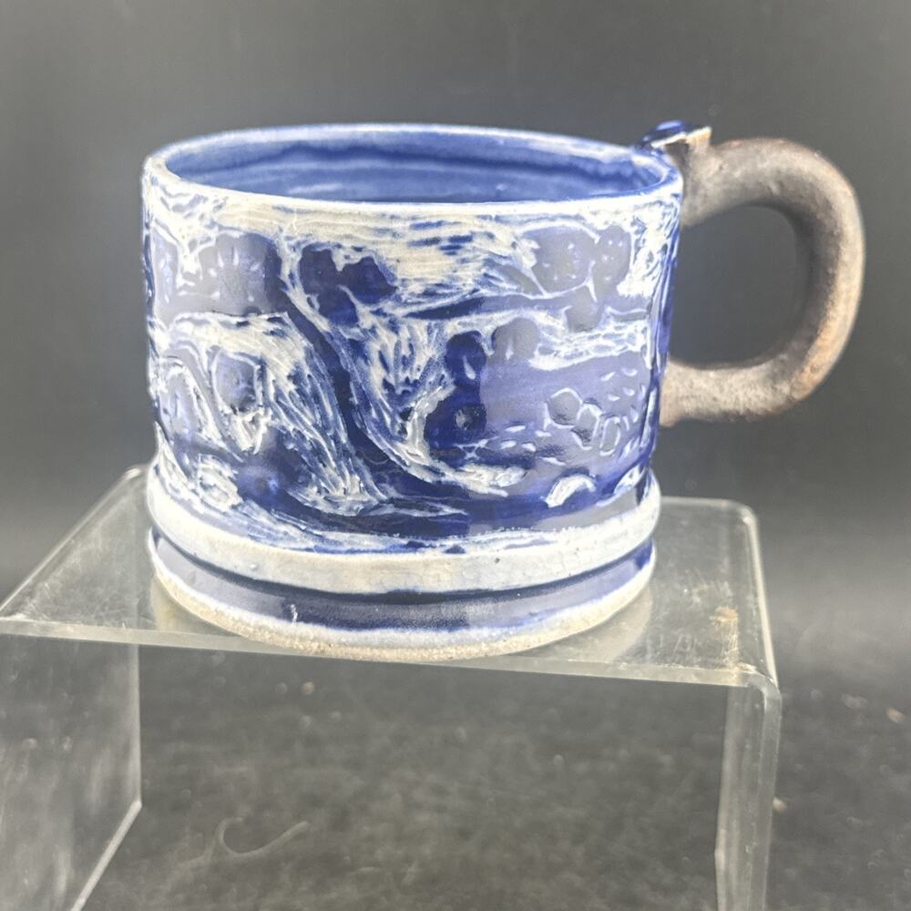 Studio Pottery Artisan Mug Blue White Carved Dahlia Bottom Limited Edition